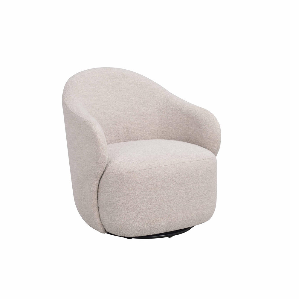 Beige svängbar fåtölj med rundad rygg och mjuk klädsel i bouclétyg