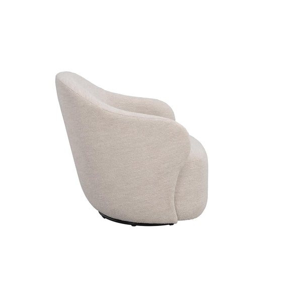 Beige fåtölj med kurviga former och svart svängbar bas, sidovy av modern designstol i bouclétyg