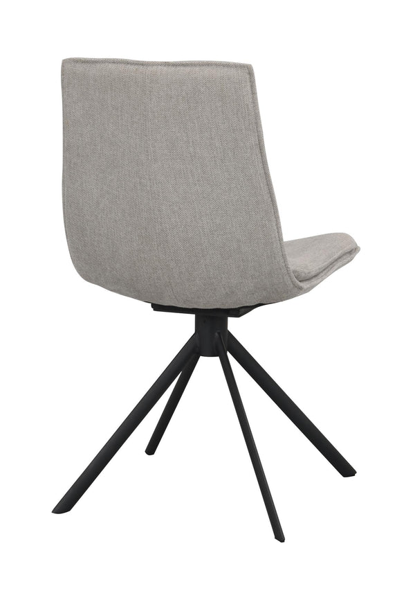 Grå stol med svart metallstativ i spindeldesign, sedd bakifrån mot vit bakgrund