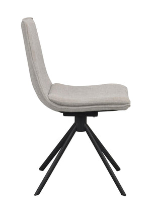 Matstol med grå klädsel och svarta metallben i modern design, sidovy