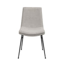 Grå matstol med svarta metallben och stoppad sits, front vy mot vit bakgrund