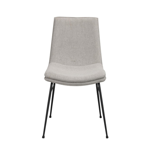 Grå matstol med svarta metallben och stoppad sits, front vy mot vit bakgrund