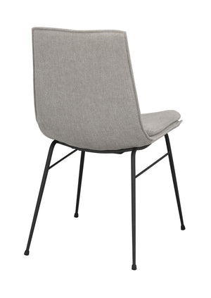 Grå matstol med svarta metallben, sedd bakifrån, modern design med stoppad sits och rygg