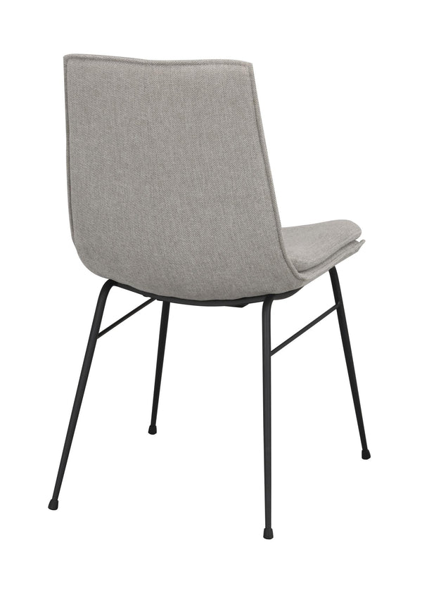 Grå matstol med svarta metallben, sedd bakifrån, modern design med stoppad sits och rygg