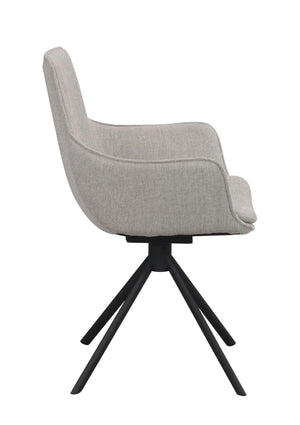 Grå stoppad stol med svart snurrbart underrede i metall, sidovy