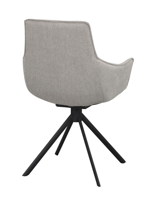 Grå matstol med svivelfunktion och svarta ben i trä, bakifrån