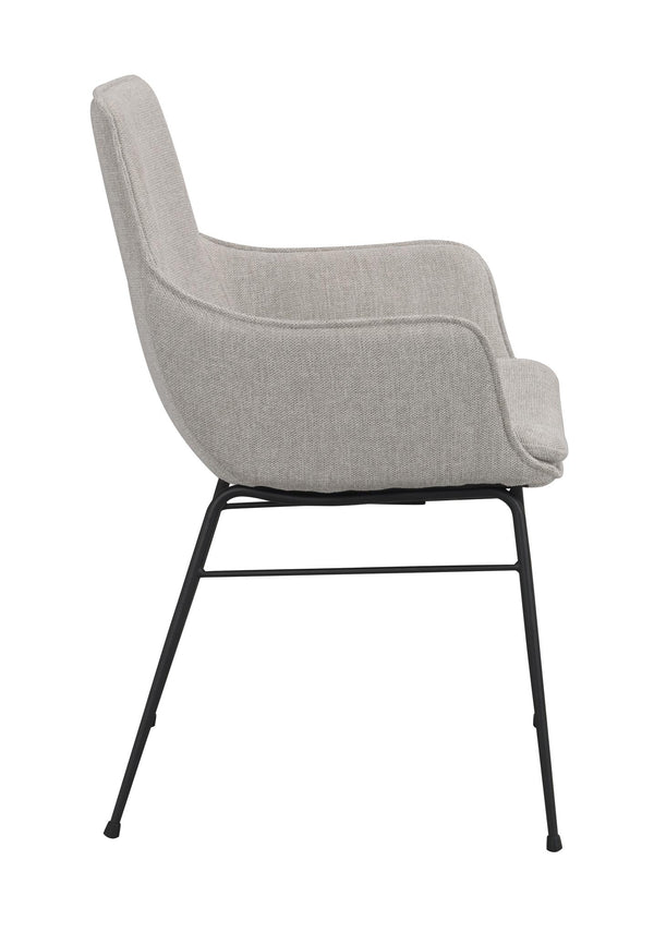 Grå fåtölj med stoppad sits och rygg på svarta metallben, sidovy