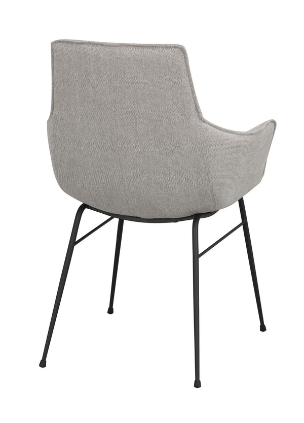 Grå stoppad stol med svarta metallben, bakifrån sedd med ergonomisk ryggdesign