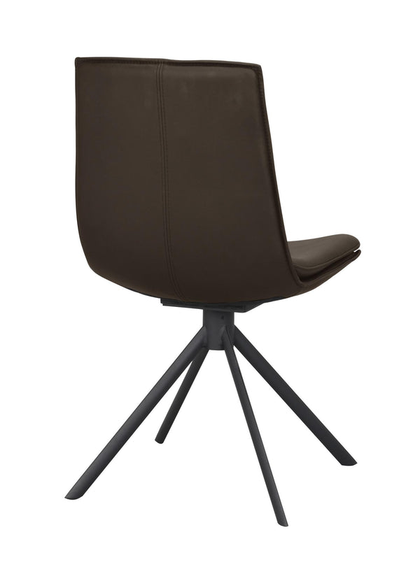 Brun läder matstol med svart metallstativ i spindeldesign, sedd bakifrån