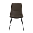 Mörkbrun stol i läder med svarta metallben, modern design med hög rygg