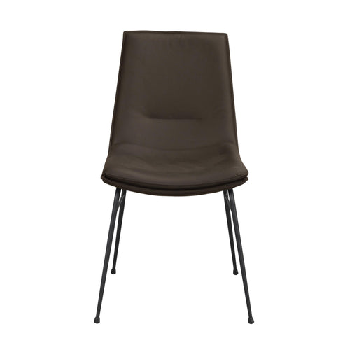 Mörkbrun stol i läder med svarta metallben, modern design med hög rygg