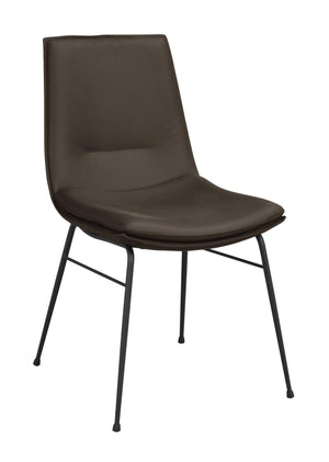 Mörkgrå stol med svarta metallben och stoppad sits i konstläder, modern design för matsalsbord