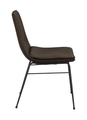 Brun stol med metallben i sidovy, modern design med stoppad sits och rygg