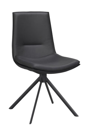 Svart stol med konstläderklädsel och svart metallunderrede med fyra ben i spindeldesign