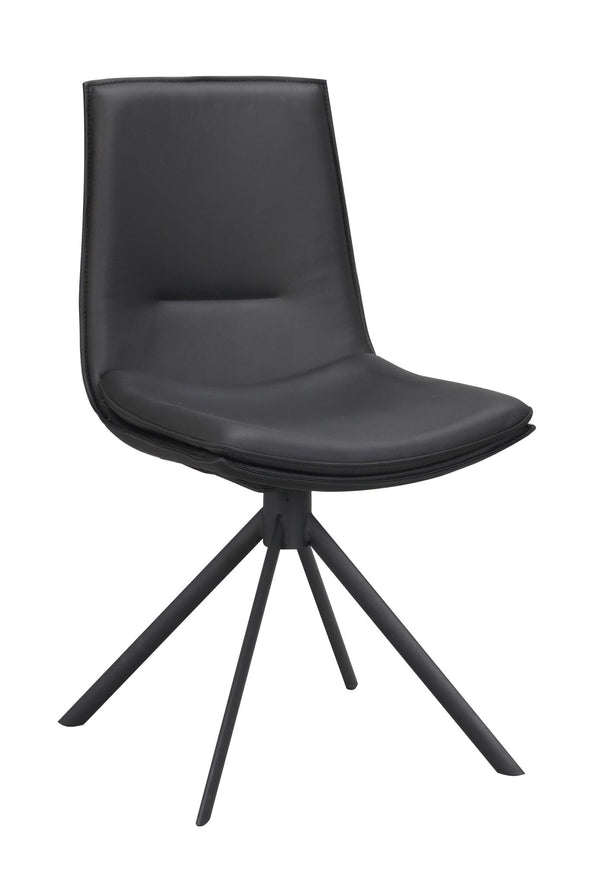 Svart stol med konstläderklädsel och svart metallunderrede med fyra ben i spindeldesign