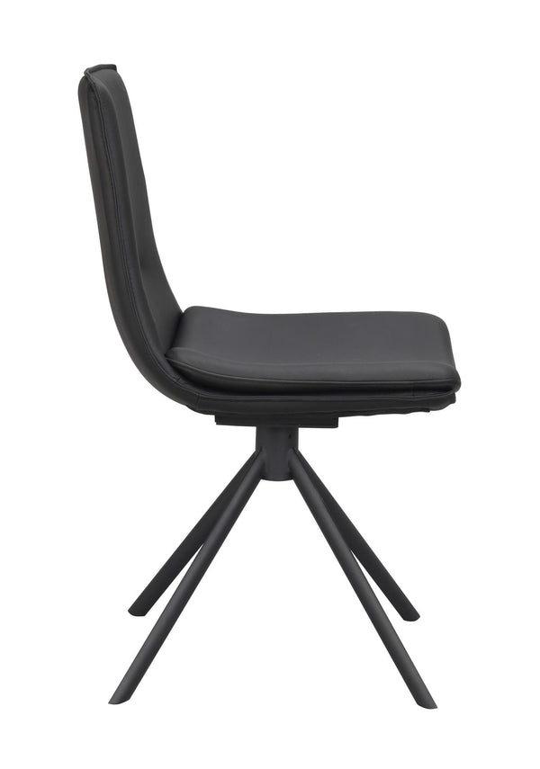 Svart stol med sits och rygg i konstläder på svart metallstativ med fyra ben, sidovy