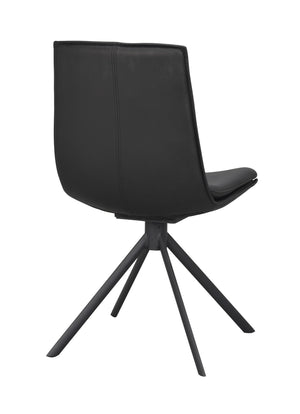 Svart svängbar stol med konstläderklädsel och fyrfotad metallstomme, sedd bakifrån