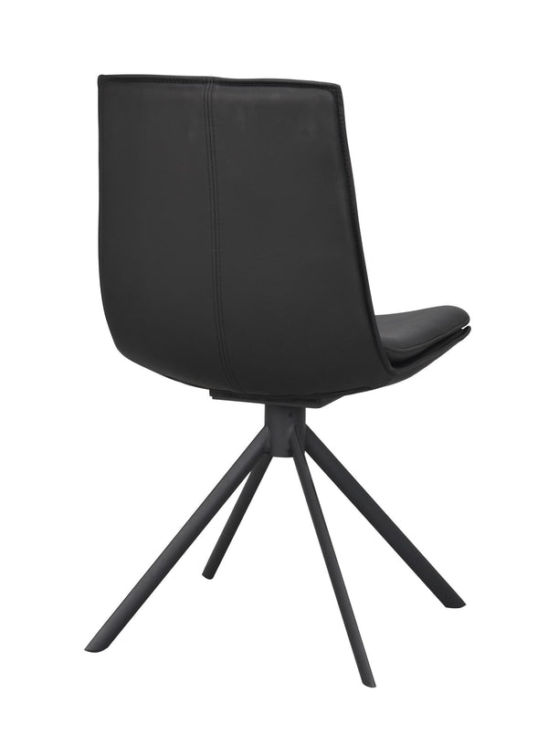 Svart svängbar stol med konstläderklädsel och fyrfotad metallstomme, sedd bakifrån