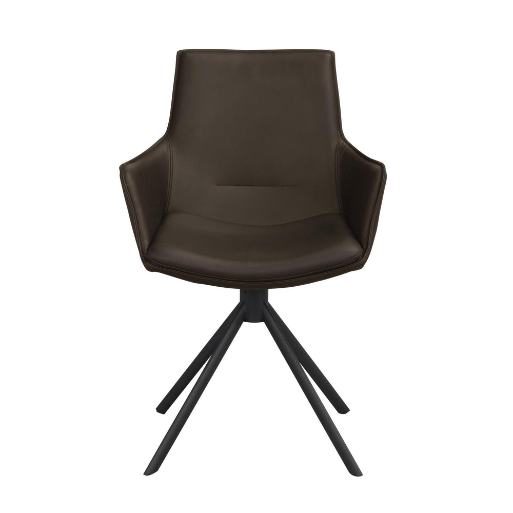 Mörkgrå snurrstol i konstläder med svart metallben och armstöd