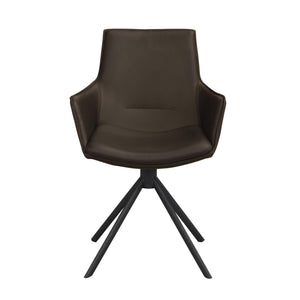 Mörkgrå snurrstol i konstläder med svart metallben och armstöd