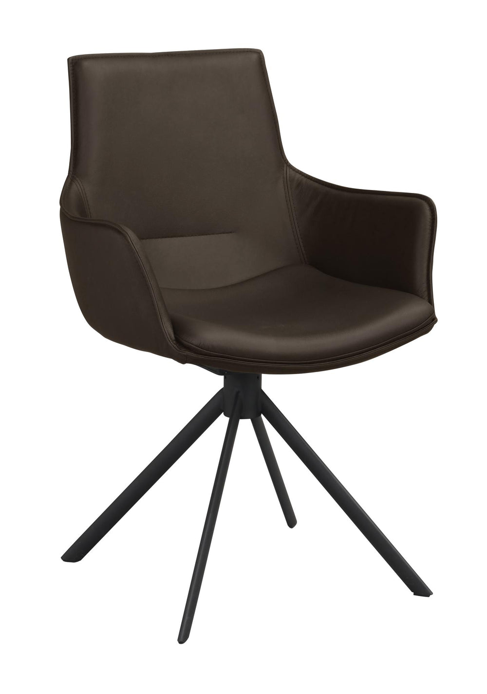 Mörkgrå snurrstol i konstläder med svart metallben och armstöd