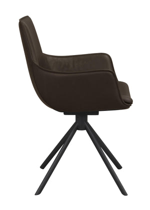 Grå matstol i konstläder med svarta metallben, sidovy som visar stolens ergonomiska design och armstöd