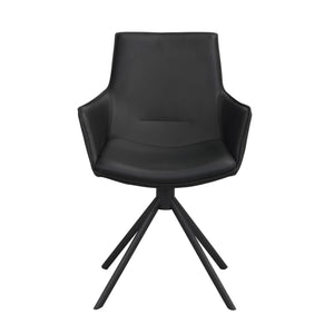 Svart snurrstol i konstläder med armstöd och svart metallben i korsformad design