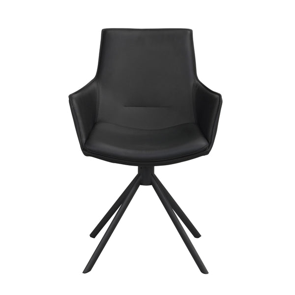 Svart snurrstol i konstläder med armstöd och svart metallben i korsformad design