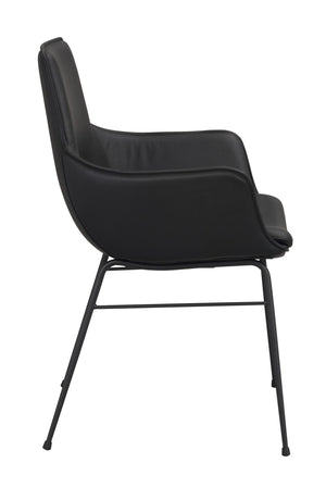 Svart stol med armstöd i konstläder och metallben, sidovy som visar stolens ergonomiska form