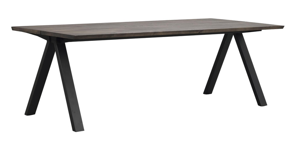 Modernt matbord med grå träskiva och svarta A-formade ben i metall mot vit bakgrund