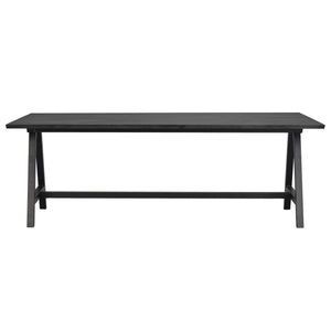 Svart matbord med raka ben och enkel design, fotograferat framifrån mot vit bakgrund