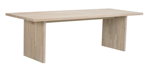 Ljust trä matbord med rektangulär skiva och breda panelben i modern skandinavisk design