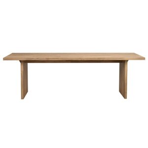 Matbord i massiv ek med raka ben och naturlig träfinish, frontvy mot vit bakgrund