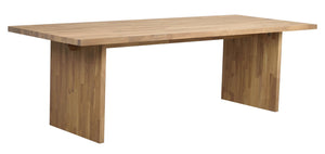 Matbord i massiv ek med rektangulär skiva och två plankliknande ben i naturlig träfärg