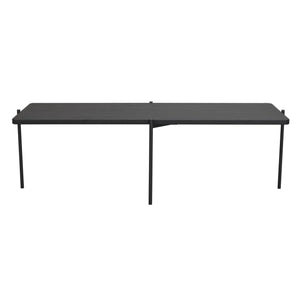 Svart hopfällbart campingbord med metallben, sidovy mot vit bakgrund