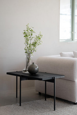 Svart soffbord med grön keramikvas och vita blommor i minimalistiskt vardagsrum med beige soffa