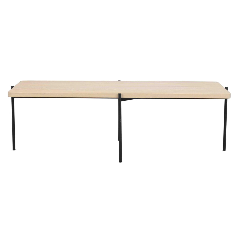 Soffbord med ljus träskiva och svarta metallben i minimalistisk design