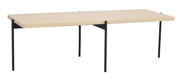 Matbord med ljus träskiva och svarta metallben i modern skandinavisk design