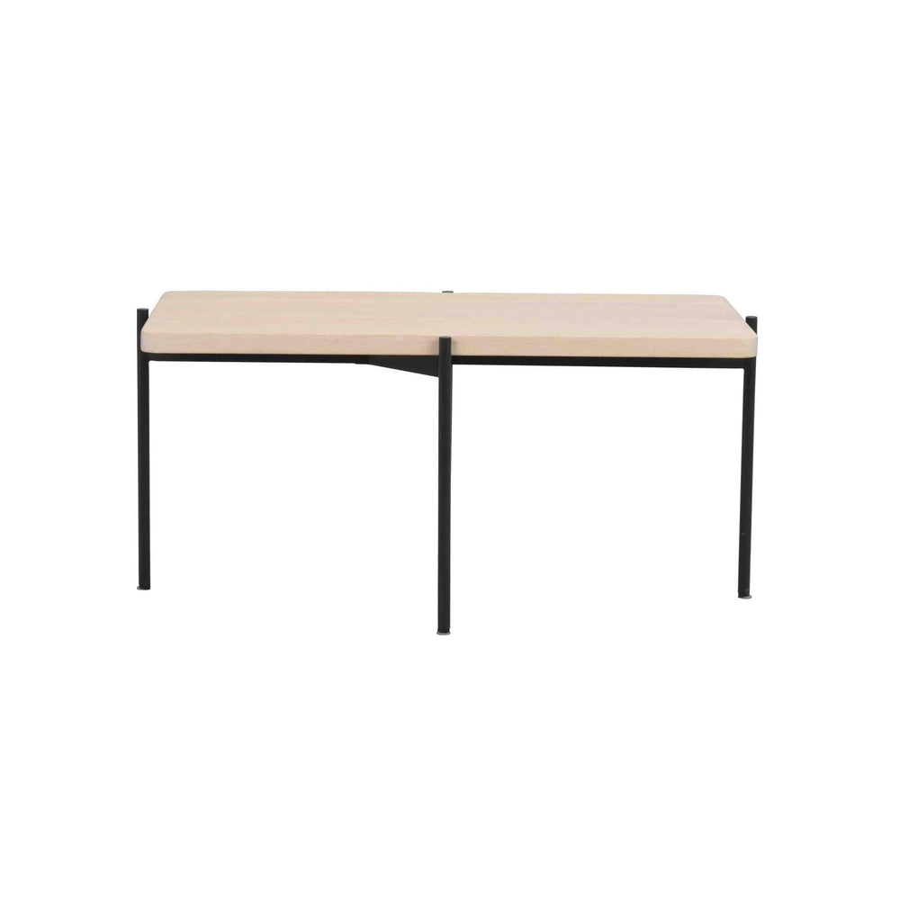 Skrivbord med ljust träskiva och svart metallstativ, minimalistisk design med rena linjer