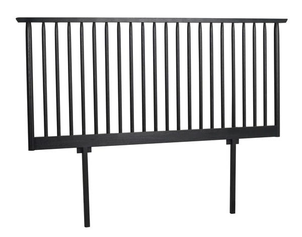 Svart räcke i metall med vertikala spjälor och två ben för balkong eller terrass