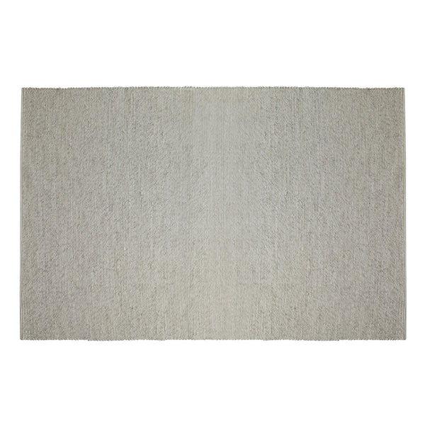 Ljusgrå handvävd matta i ull med diskret randmönster och fransar
