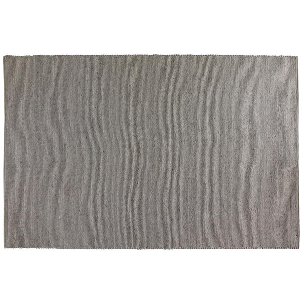 Grå handvävd jutematta med vertikal ribbad struktur och fransar längs kanterna