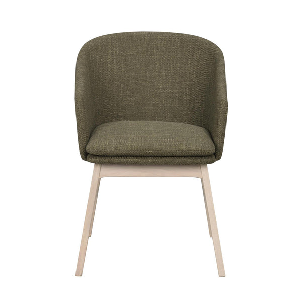 Grön stoppad stol med ljusa träben, modern design med rundad rygg och sits