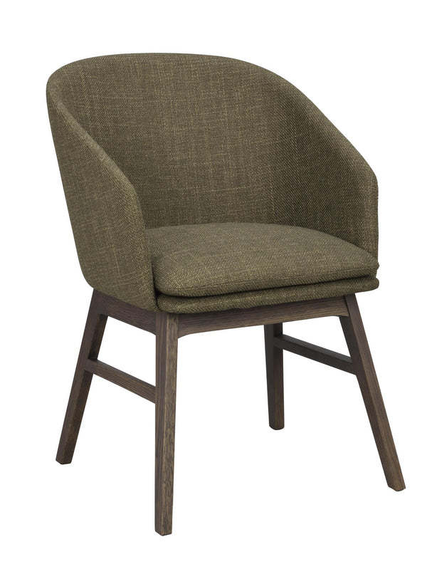 Grön stoppad stol med träben i mörk ek, modern design med rundad rygg och sits