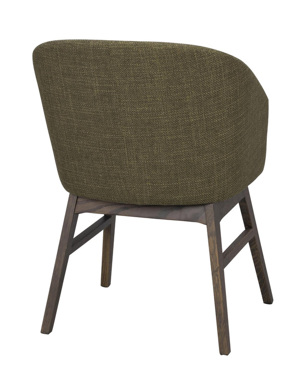 Grön stol med träben i mörkbrun finish, sedd bakifrån mot vit bakgrund