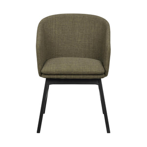 Grön stoppad matstol med svarta ben i trä, framifrån mot vit bakgrund