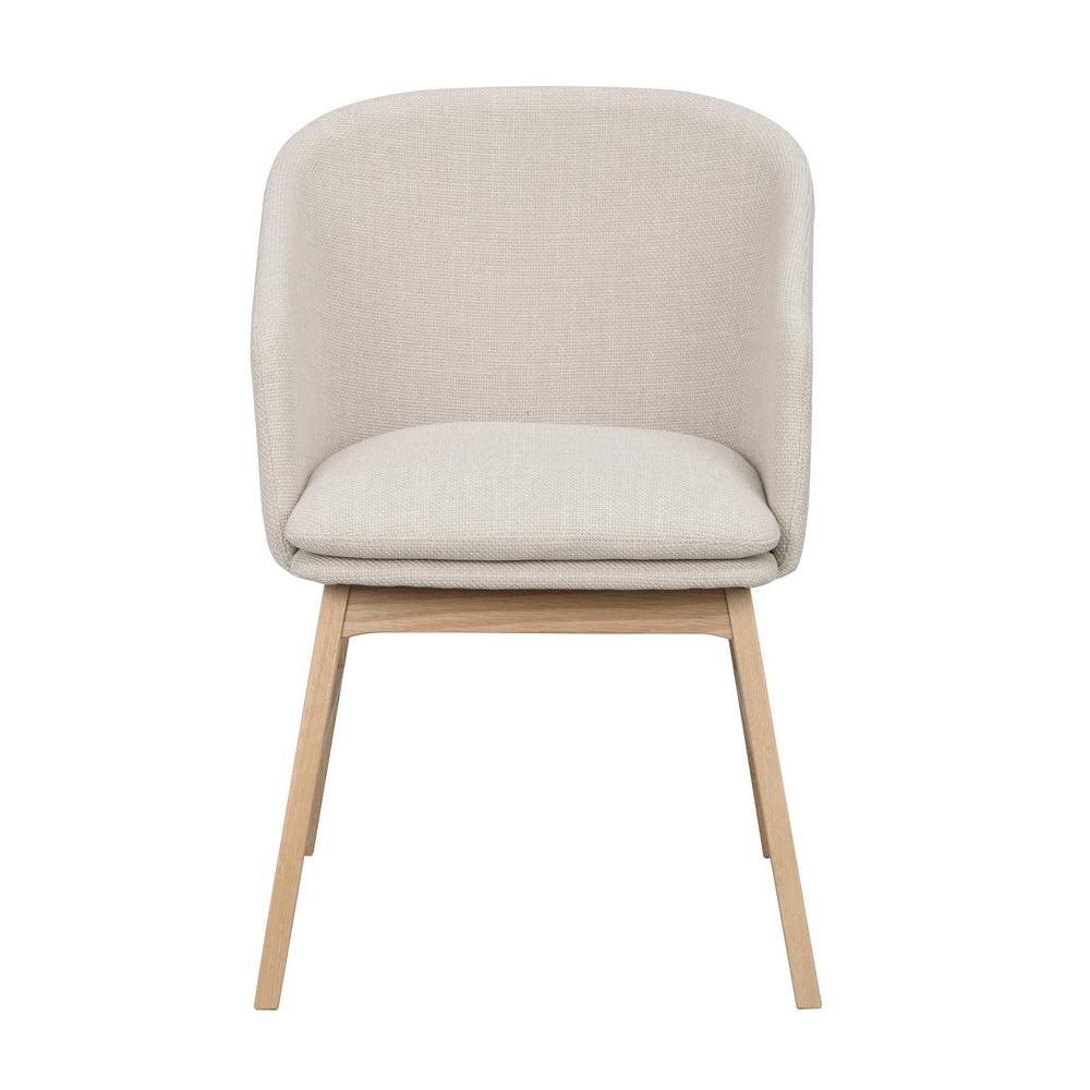 Beige stoppad matstol med träben i ljust trä, modern skandinavisk design