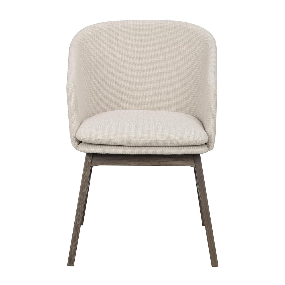 Beige stoppad matstol med träben i mörk ek, modern skandinavisk design