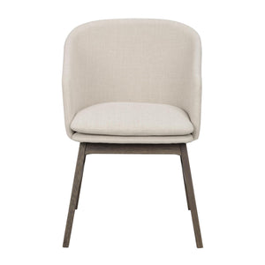 Beige stoppad matstol med träben i mörk ek, modern skandinavisk design