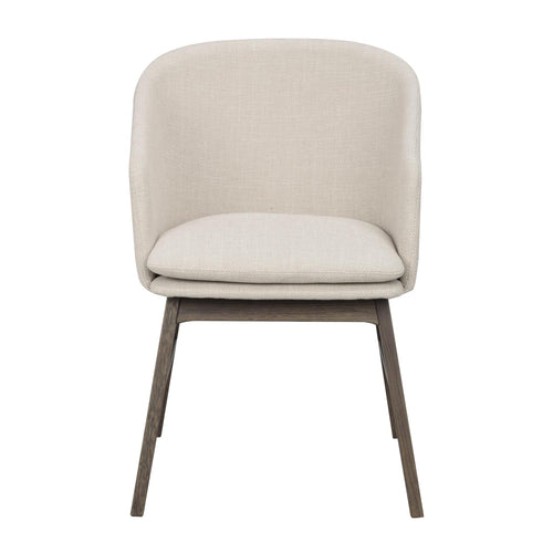 Beige stoppad matstol med träben i mörk ek, modern skandinavisk design